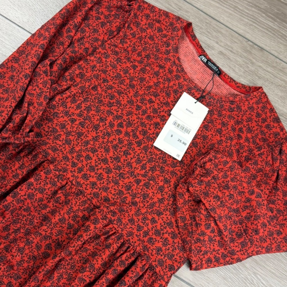 Zara Womens Dress Floral Print Smocked Tiered Red Medium